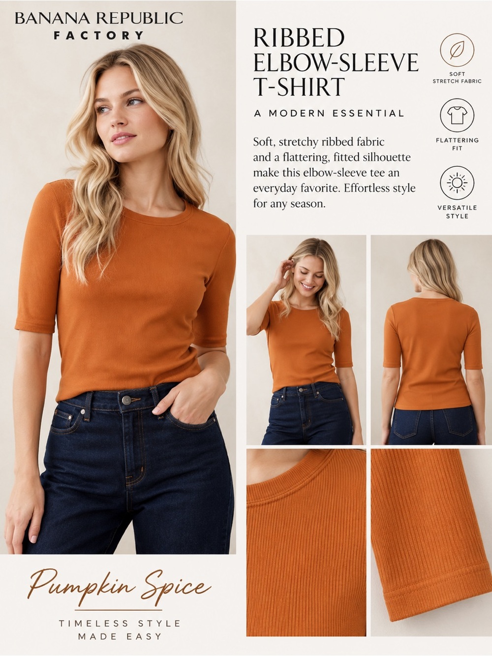 NWT Banana Republic Factory Pumpkin Spice Ribbed Elbow-Sleeve T-Shirt